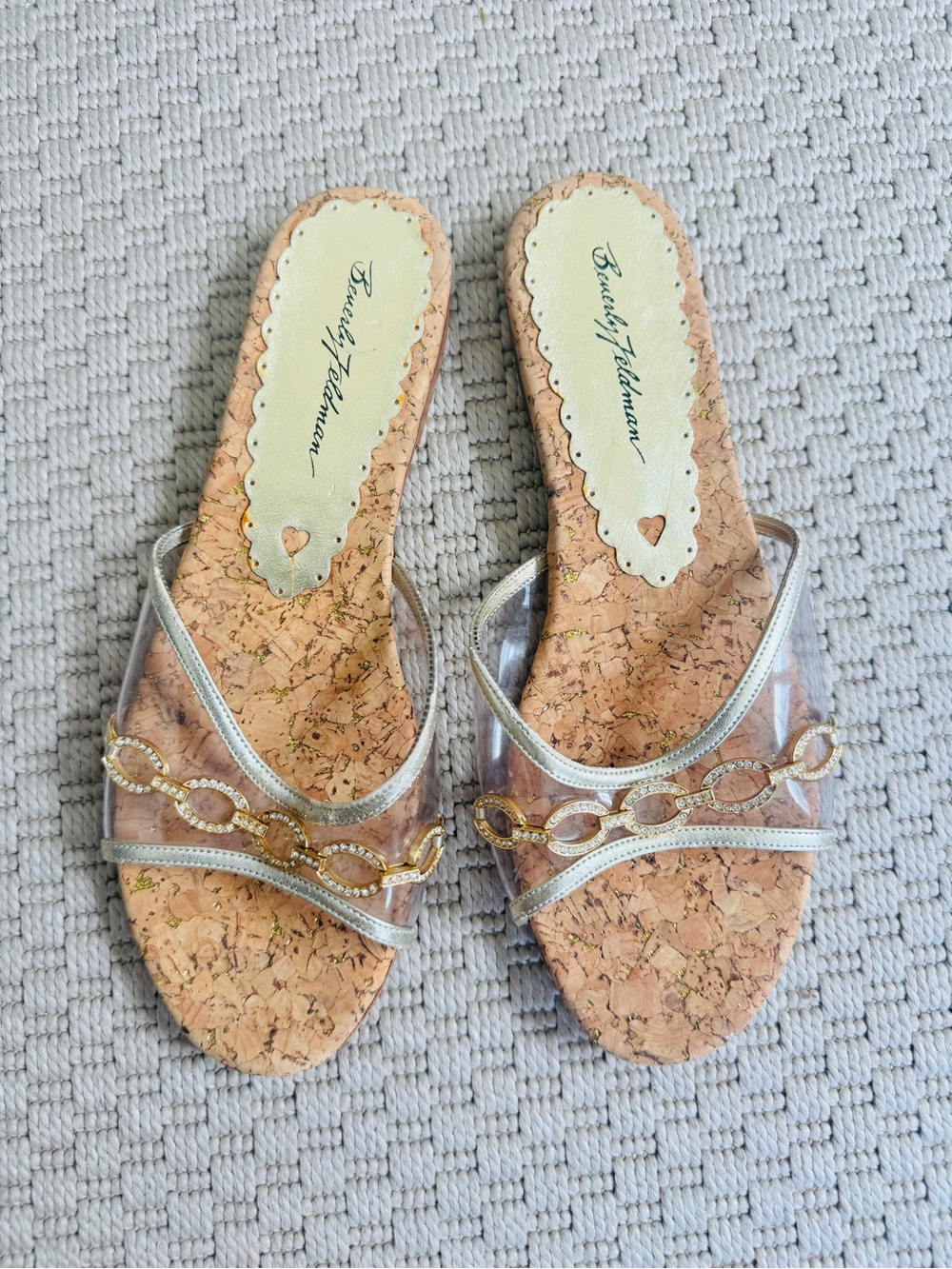 Beverly Feldman Gold  Cork-Effect Slip-On Sandals NEW